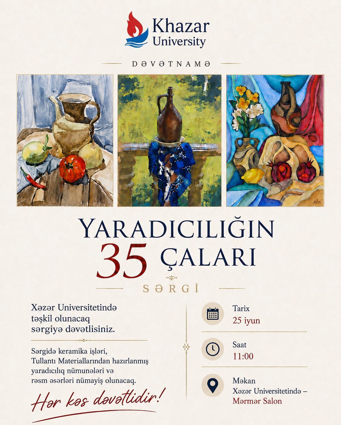Xəzər Universitetinin Memarlıq və Dizayn Departamentinin və Həyat Elmləri departamentinin dəstəyi ilə tələbələrin yaradıcılıq işlərindən ibarət sərgi keçiriləcək.